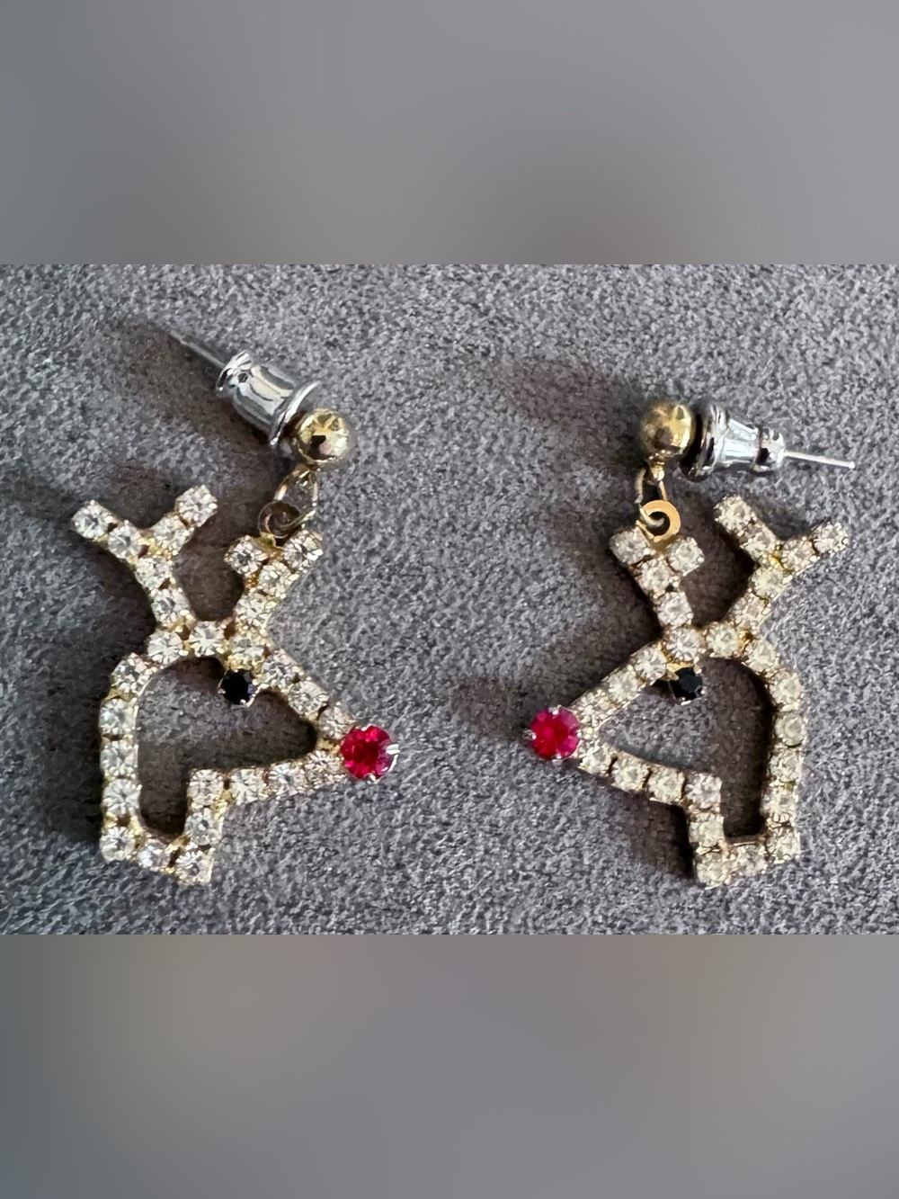 Festive Gold-Tone Reindeer Drop Earrings with Red and Black Accents - Rudolph